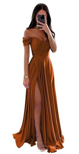 Damen Abschlussballkleider mit Schultern Satin gerafft lange formale Abendkleider A-Linie Ballkleid mit Schlitz (Burnt Orange, 18) von BJMAND