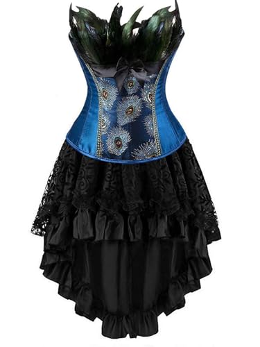 Damen-Korsettkleid, Rock, Burlesque-Oberteil, 3-teilig, Bustier-Träger für Damen, Halloween, Schnürung, Knochen (Blau, XL) von BJMAND