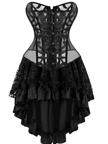 Damen-Korsettkleid, Rock, Burlesque-Oberteil, 3-teilig, Bustier-Träger für Damen, Halloween, Schnürung, Knochen (Schwarz, XL) von BJMAND