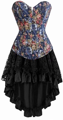 Damen-Korsettkleid, Rock, Burlesque-Oberteil, 3-teilig, Bustier-Träger für Damen, Halloween, Schnürung, Knochen (Schwarz 5804, XXL) von BJMAND