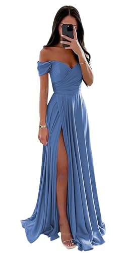 Damen Schulterfreies Abendkleid Satin Lang Formal A-Linie Schlitz Abendkleid (Staubblau, 32) von BJMAND