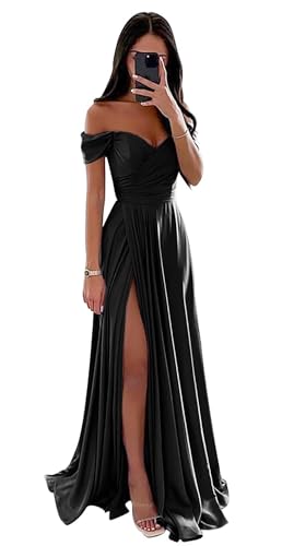 Damen Schulterfreies Ballkleid Satin Lang Formelles Abendkleid A-Linie Ballkleid (Schwarz, 22) von BJMAND