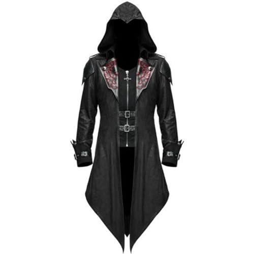 Herren-Trenchcoat, Gothic-Kostüm, Kapuzenjacke, mittelalterlicher Umhang, viktorianischer Schwanz, Steampunk, Mittelalter, Halloween, Maskerade, Retro, Spleiß-Kostüm, Mantel, S-5XL (Schwarz, 3XL) von BJMAND