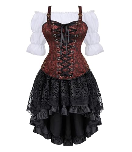 Korsettkleid, Piratenrock-Set, Damen, Steampunk-Kleidung, Halloween-Kostüm (Braun, 3 Sets, L) von BJMAND