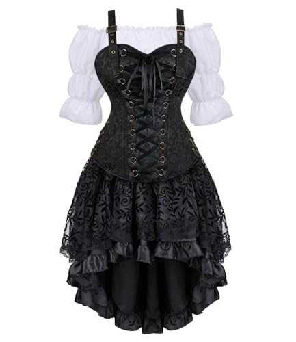 Korsettkleid, Piratenrock-Set, Damen, Steampunk-Kleidung, Halloween-Kostüm (Schwarz, 3 Sets, L) von BJMAND