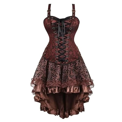 Korsettkleid Piratenrock Set Damen Steampunk Kleidung Halloween Kostüm (Braun, XL) von BJMAND