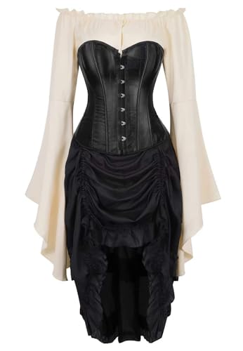 Korsettkleid für Damen, Schnürung, viktorianischer Träger, Bustierrock, 3-teiliges Set, Gothic, Halloween, Clubwear, Fancy (Khaki-Schwarz, 3XL) von BJMAND