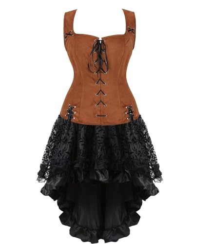 Mittelalterliches Kostüm für Damen, Kleid, Rock, Set, Renaissance, Steampunk, Piratenweste, Wikinger, Mieder, Schnürweste, Cosplay, Braun (Brown6505white, M) von BJMAND