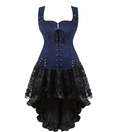 Mittelalterliches Kostüm für Damen, Kleid, Rock, Set, Renaissance, Steampunk, Piratenweste, Wikinger, Mieder, Schnürweste, Cosplay, Dunkelblau 6505 weiß, Größe L von BJMAND