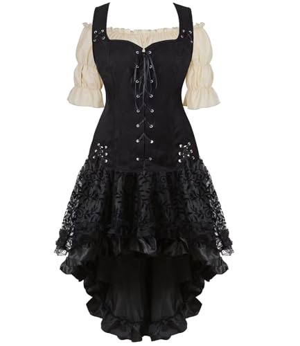 Mittelalterliches Kostüm für Damen, Kleid, Rock, Set, Renaissance, Steampunk, Piratenweste, Wikinger, Mieder, Schnürweste, Cosplay, Schwarz (6505Khaki, XXL) von BJMAND