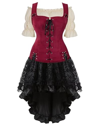 Mittelalterliches Kostüm für Damen, Kleid, Rock, Set, Renaissance, Steampunk, Piratenweste, Wikinger, Mieder, Schnürweste, Cosplay, Weinrot, 6505 Khaki, Größe 3XL von BJMAND