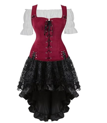 Mittelalterliches Kostüm für Damen, Kleid, Rock, Set, Renaissance, Steampunk, Piratenweste, Wikinger, Mieder, Schnürweste, Cosplay, Weinrot, 6505 Weiß, 3 Set, Größe L von BJMAND