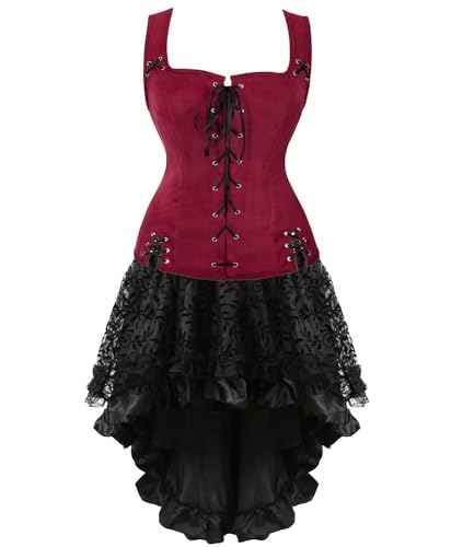 Mittelalterliches Kostüm für Damen, Kleid, Rock, Set, Renaissance, Steampunk, Piratenweste, Wikinger, Mieder, Schnürweste, Cosplay, Weinrot, 6505 Weiß, Größe S von BJMAND