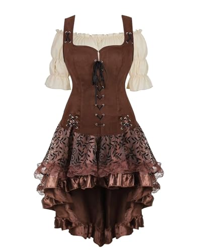 Mittelalterliches Kostüm für Damen, Kleid, Rock, Set, Renaissance, Steampunk, Piratenweste, Wikinger, Mieder, Schnürweste, Cosplay (Coffee65057056khaki, XXL) von BJMAND