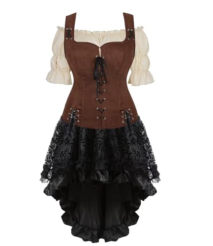 Mittelalterliches Kostüm für Damen, Kleid, Rock, Set, Renaissance, Steampunk, Piratenweste, Wikinger, Mieder, Schnürweste, Cosplay (Coffee6505khaki, L) von BJMAND