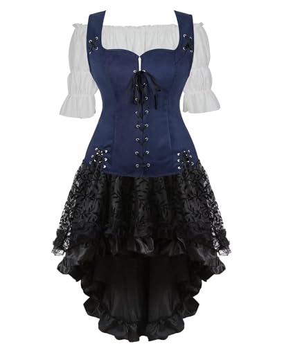 Mittelalterliches Kostüm für Damen, Kleid, Rock, Set, Renaissance, Steampunk, Piratenweste, Wikinger, Mieder, Schnürweste, Cosplay (Dunkelblau 6505 Weiß, 3 Set), Größe S von BJMAND