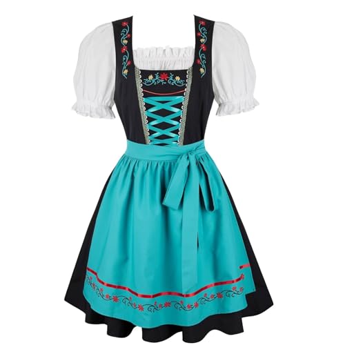 Oktoberfest Outfit Damen Dirndl Kleider Fasching Kostüm Bayerisch Traditionell Halloween 3 Stück Set Karneval (Blau, 3XL) von BJMAND