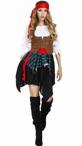 Piratenkostüm für Damen, Halloween, Erwachsene, Piratenkleid, Rock, Freibeuter, lustig, Cosplay, Party, Braun, Größe L von BJMAND