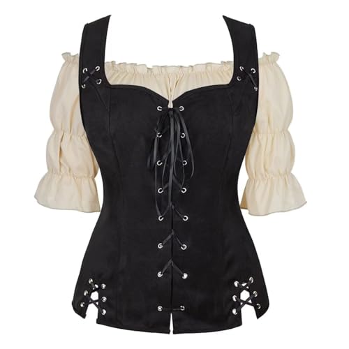 Piratenkostüm für Erwachsene, Damen, Renaissance, Steampunk-Hemd, Piratenweste, Wikingermieder, Schnürweste, Cosplay, Schwarz (Black6505Khaki, L) von BJMAND