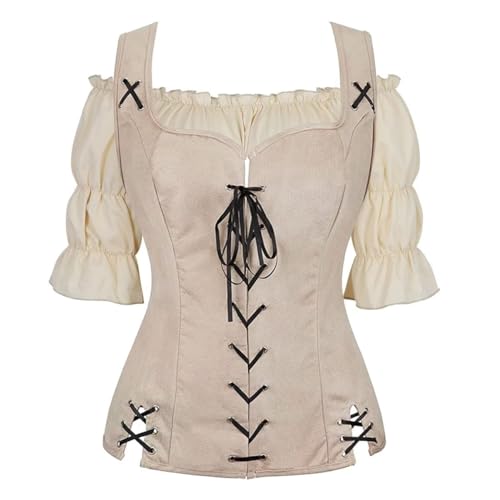 Piratenkostüm für Erwachsene, Damen, Renaissance, Steampunk-Shirt, Piratenweste, Wikingermieder, Schnürweste, Cosplay, Beige (Beige6505khaki, XS) von BJMAND