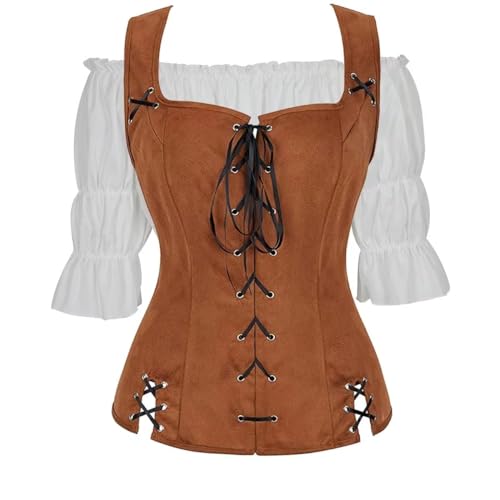 Piratenkostüm für Erwachsene, Damen, Renaissance, Steampunk-Shirt, Piratenweste, Wikingermieder, Schnürweste, Cosplay, Braun (Brown6505white, L) von BJMAND