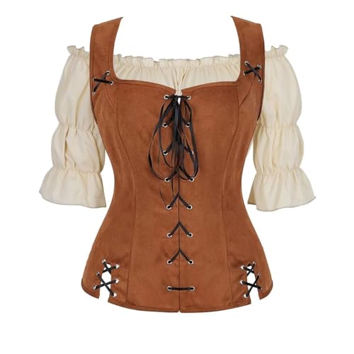 Piratenkostüm für Erwachsene, Damen, Renaissance, Steampunk-Shirt, Piratenweste, Wikingermieder, Schnürweste, Cosplay, Braun 6505 Khaki, Größe L von BJMAND