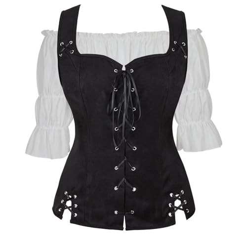 Piratenkostüm für Erwachsene, Damen, Renaissance, Steampunk-Shirt, Piratenweste, Wikingermieder, Schnürweste, Cosplay, Schwarz (Black6505white, XL) von BJMAND