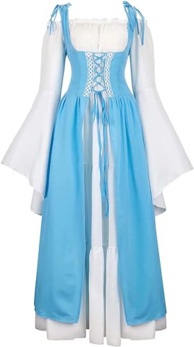 Renaissance-Kostüm für Damen, mittelalterliches Kleid, irisch, viktorianisch, Vintage, Halloween, Übergröße (Hellblau, S) von BJMAND