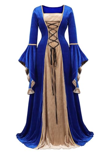 Renaissance-Kostüm für Damen, mittelalterliches Samtkleid, irisches Vintage-Stil, viktorianische Fee, Hexenkostüme, Party, Halloween (Blau, XL) von BJMAND