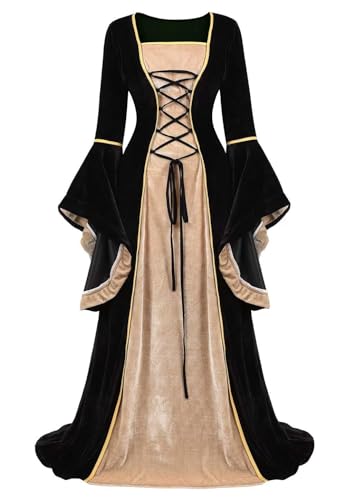 Renaissance-Kostüm für Damen, mittelalterliches Samtkleid, irisches Vintage-Stil, viktorianische Fee, Hexenkostüme, Party, Halloween (Schwarz, XL) von BJMAND