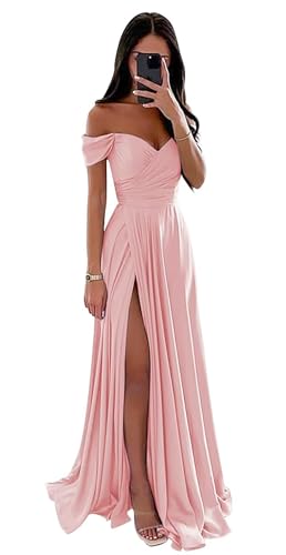 Schulterfreies Ballkleid für Damen, Satin, gerüscht, lang, formelle Abendkleider, A-Linie, Schlitz, Ballkleid (Blush Pink, 10) von BJMAND