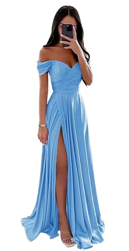 Schulterfreies Ballkleid für Damen, Satin, gerüscht, lang, formelle Abendkleider, A-Linie, Schlitz, Ballkleid (Hellblau, 12) von BJMAND