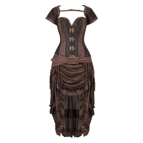 Steampunk Korsett Kleid Leder Bustier Top Rock Set Gothic Viktorianisch Burlesque Halloween Kostüm Pirat Braun (Braun 2082, 4XL) von BJMAND