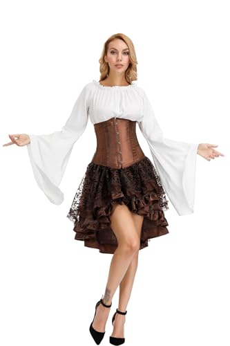 Unterbrustkorsett, Kleid, Rock, Tutu, Bluse, 3er-Set, Gothic-Spitze, Halloween-Kostüme, Schwarz (Braunbraun, S) von BJMAND