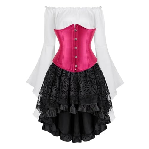 Unterbrustkorsett, Kleid, Rock, Tutu, Bluse, 3er-Set, Gothic-Spitze, Halloween-Kostüme, Schwarz (Rosered, 5XL) von BJMAND