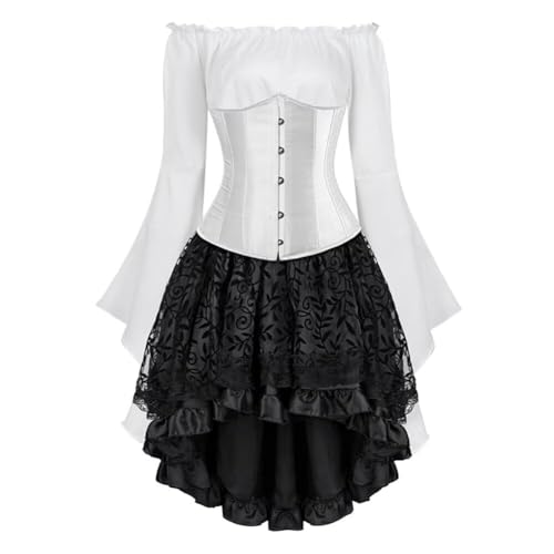 Unterbrustkorsett, Kleid, Rock, Tutu, Bluse, 3er-Set, Gothic-Spitze, Halloween-Kostüme, Schwarz (Weiß, Größe 3XL) von BJMAND