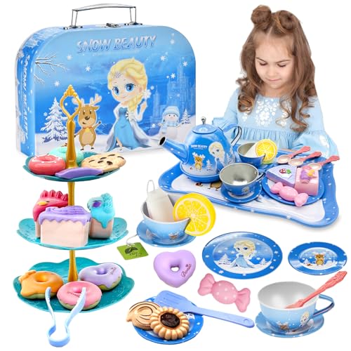 Frozen Teeservice Kinder, 46 Stück Eiskönigin Teeservice Set Kinder, Tee Set Kinder mit Frozen Koffer, Teeparty Rollenspiel Spielzeug, Frozen Spielzeug, Frozen Geschenke für Kinder Mädchen von BJPERFMS