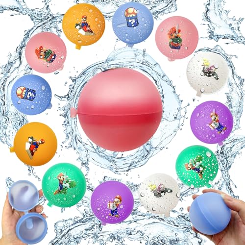 Wasserbomben Wiederverwendbar, Mario Wasserbomben, 12PCS Mario Wasserballons Selbstschließend, Wasserspielzeug Wasserbälle für Outdoor Spiele, Sommerpartys, Strandspielzeug von BJPERFMS