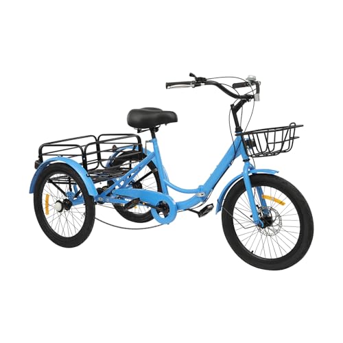 BJTDLLX 20 Zoll Falt Dreirad 7 Gang Dreirad für Erwachsene, 3 Räder Fahrrad Senioren Dreirad, Mädchen Jungen Cruise Bikes mit Einkaufskorb und Schloss, Höhenverstellbar 30.3-36.6 Zoll (Blau) von BJTDLLX