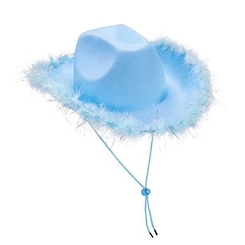 BKPAPTXY Cowboyhut für Damen, flauschige Feder, Glitzer, Rosa, Cowgirl-Hut, Kappe, Kopfbedeckung, Halloween, Party, Karneval, Kostümzubehör (flauschiges Blau, Einheitsgröße) von BKPAPTXY