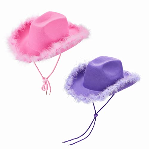 BKPAPTXY Cowboyhut für Damen, flauschige Feder, Glitzer, Rosa, Cowgirl-Hut, Kopfbedeckung, Halloween, Party, Karneval, Kostümzubehör (flauschiges Rosa + Violett-Silber, Einheitsgröße) von BKPAPTXY