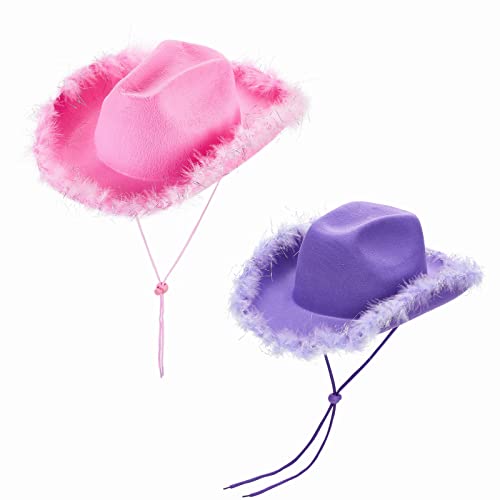 BKPAPTXY Damen Cowboyhut Flauschige Feder Glitzer Rosa Cowgirl Hut Kappe Kopfbedeckung Verkleidung Halloween Party Karneval Kostüm Accessoire (Rosa Silber + Lila Silber, Einheitsgröße) von BKPAPTXY