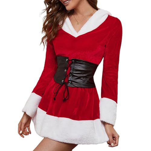 BKPAPTXY Damen Weihnachten Santa Kleid Deluxe Mrs. Claus Kostüm Langarm Kapuzenkleid mit Korsettgürtel (Rot, L) von BKPAPTXY