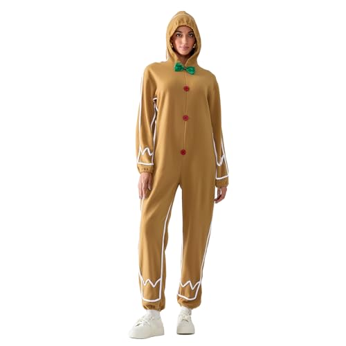 BKPAPTXY Familys Lebkuchenmann-Kostüm für Kinder und Erwachsene, Weihnachten, langärmelig, Overall, Weihnachten, Party, Cosplay, Kleidung (Damen, XL) von BKPAPTXY