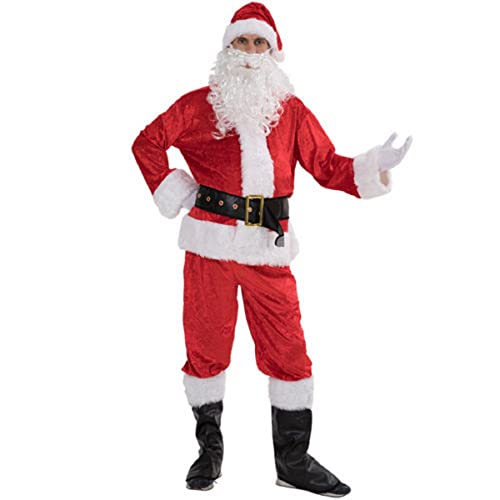 BKPAPTXY Herren Weihnachtsmann-Anzug, weißer Bart Weihnachtsmann-Kostüm, Weihnachtsmann-Kostüm, Cosplay-Kostüm mit Schuhen, Mütze, Handschuhen, Gürtel (Stil 1, XXL) von BKPAPTXY