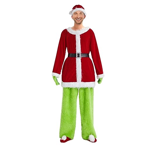 BKPAPTXY Herren-Weihnachtsmann-Elfenanzug, 8-teilig, pelziges grünes Monster, Cosplay, Party, Elfe, die das Geschenk gestohlen hat, (Rot, L) von BKPAPTXY