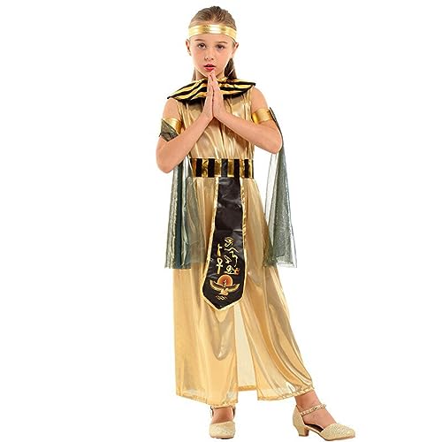 BKPAPTXY Kind Halloween Kostüme Kleopatra Maskerade Goldene ägyptische Prinzessin Kleid Fancy Dress Up Clothes (Golden, XL) von BKPAPTXY