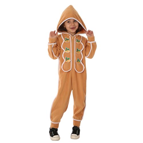 BKPAPTXY Lustiges Weihnachtskostüm für Kinder, Jungen, Mädchen, Lebkuchenmann, Hoodie, Overall, Urlaub, Party, Verkleiden (Khaki, XL) von BKPAPTXY