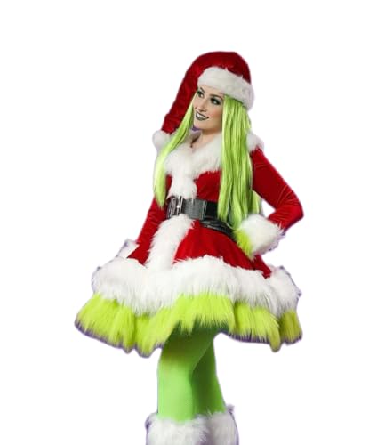 BKPAPTXY Weihnachts-Outfits für Damen, grünes Monster-Kostüm, 3-teilig, langärmelig, Weihnachtsmannkleid, Gürtel, Weihnachtsmannmütze, Weihnachtsfeier, Verkleiden (Grün, L) von BKPAPTXY