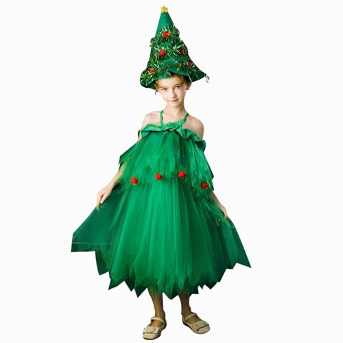 BKPAPTXY Weihnachtsbaum-Kostüm für Kinder, Mädchen, ärmellos, Tüll, Kuchenkleid, Pailletten, Weihnachtsbaumhut, Set, Schule, Bühnenshow, Kleidung (Grün, 100) von BKPAPTXY